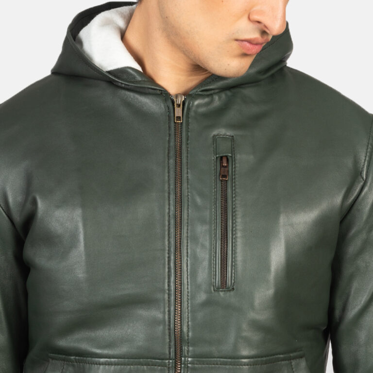 Mens Baston Green Hooded Leather Bomber Jacket Close-Up-9-1634135617169